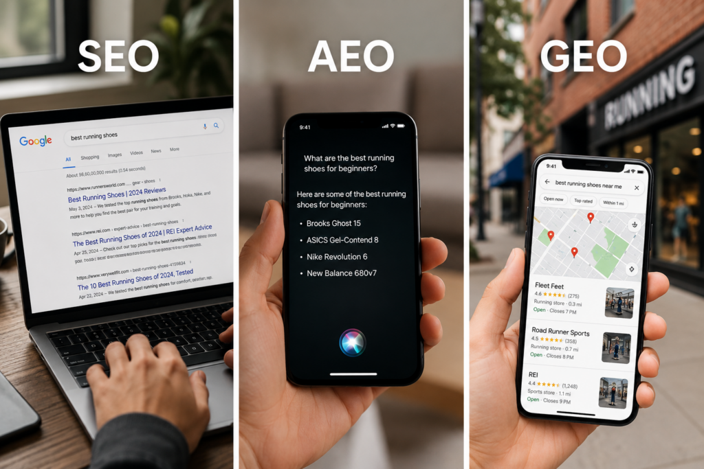 the difference between seo, aeo and geo